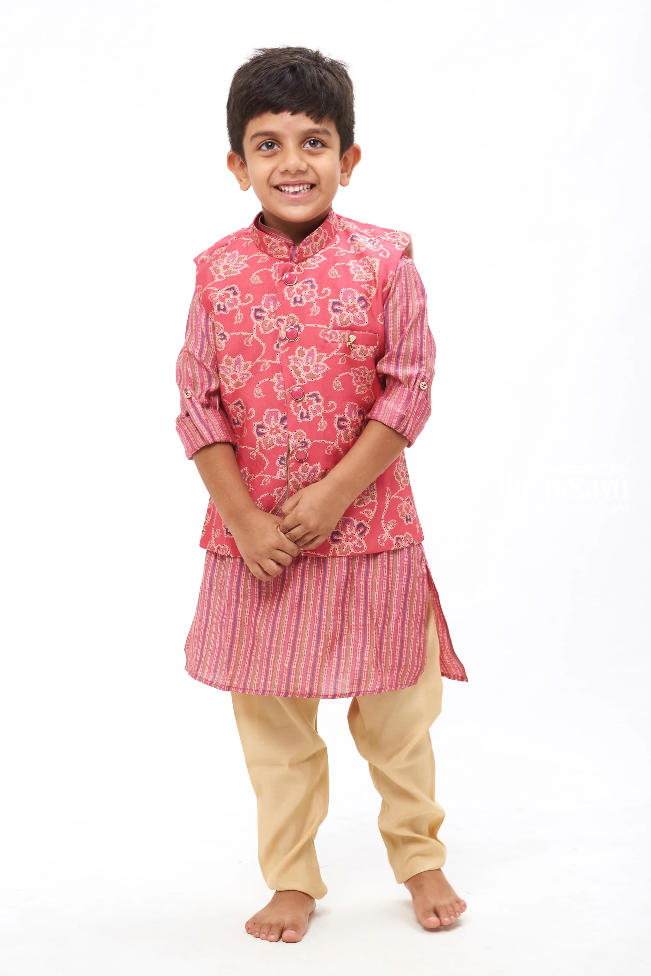 Boys Traditional Pink Kurtha with Floral Overcoat and Striped Jacket Set