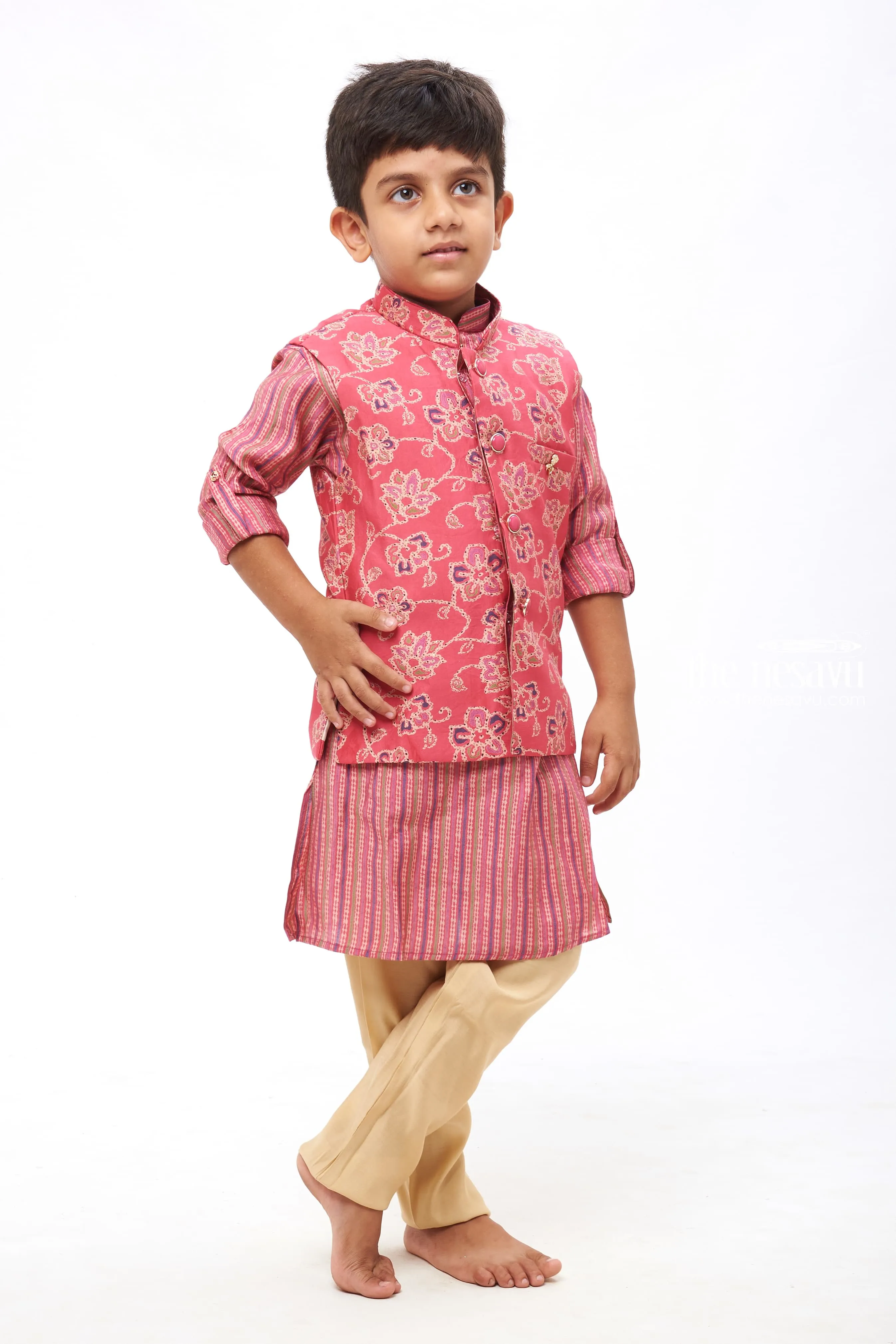 Boys Traditional Pink Kurtha with Floral Overcoat and Striped Jacket Set