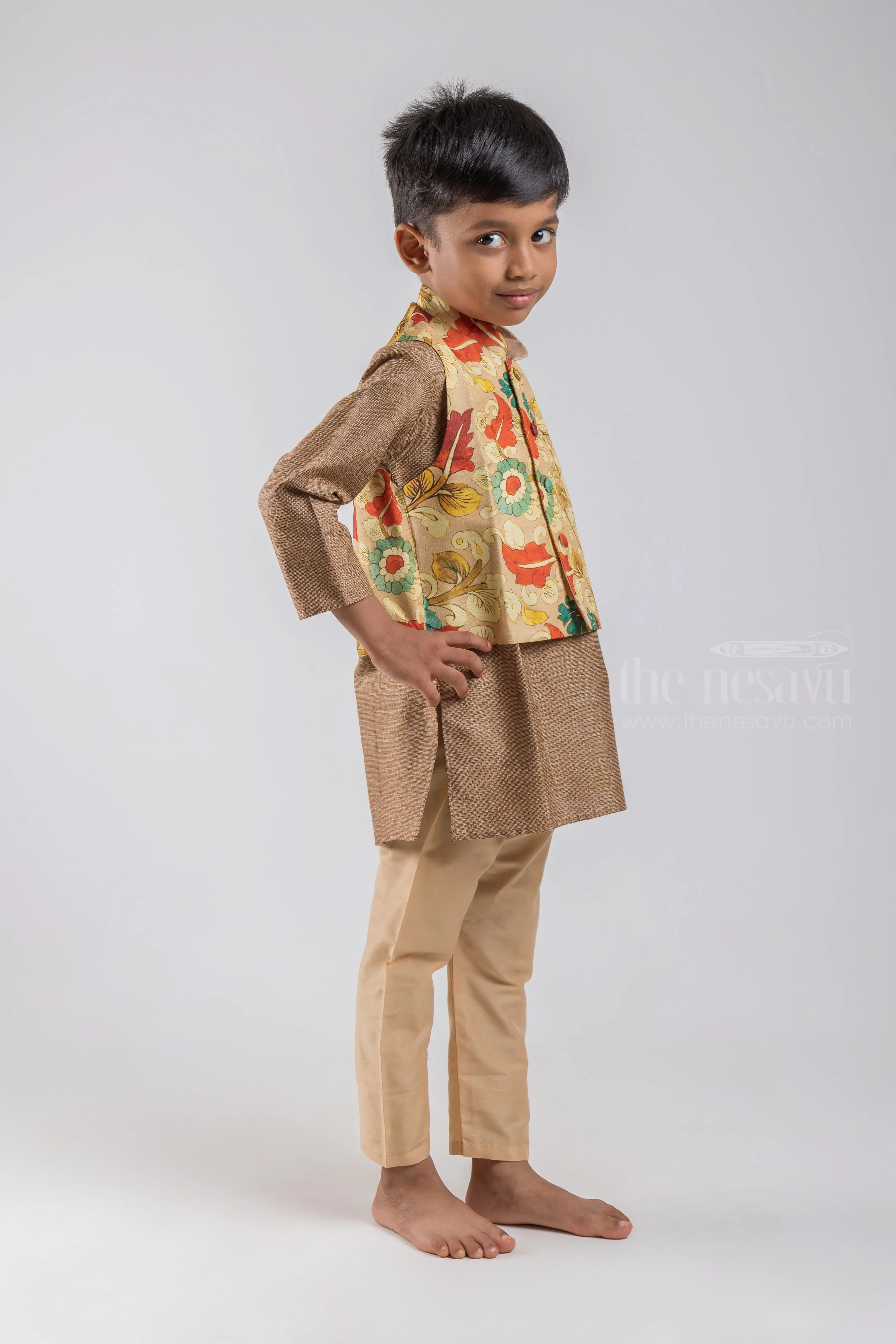 Brown Handloom Cotton Kurta N Pure Silk Kalamkari Printed Jacket For Boys