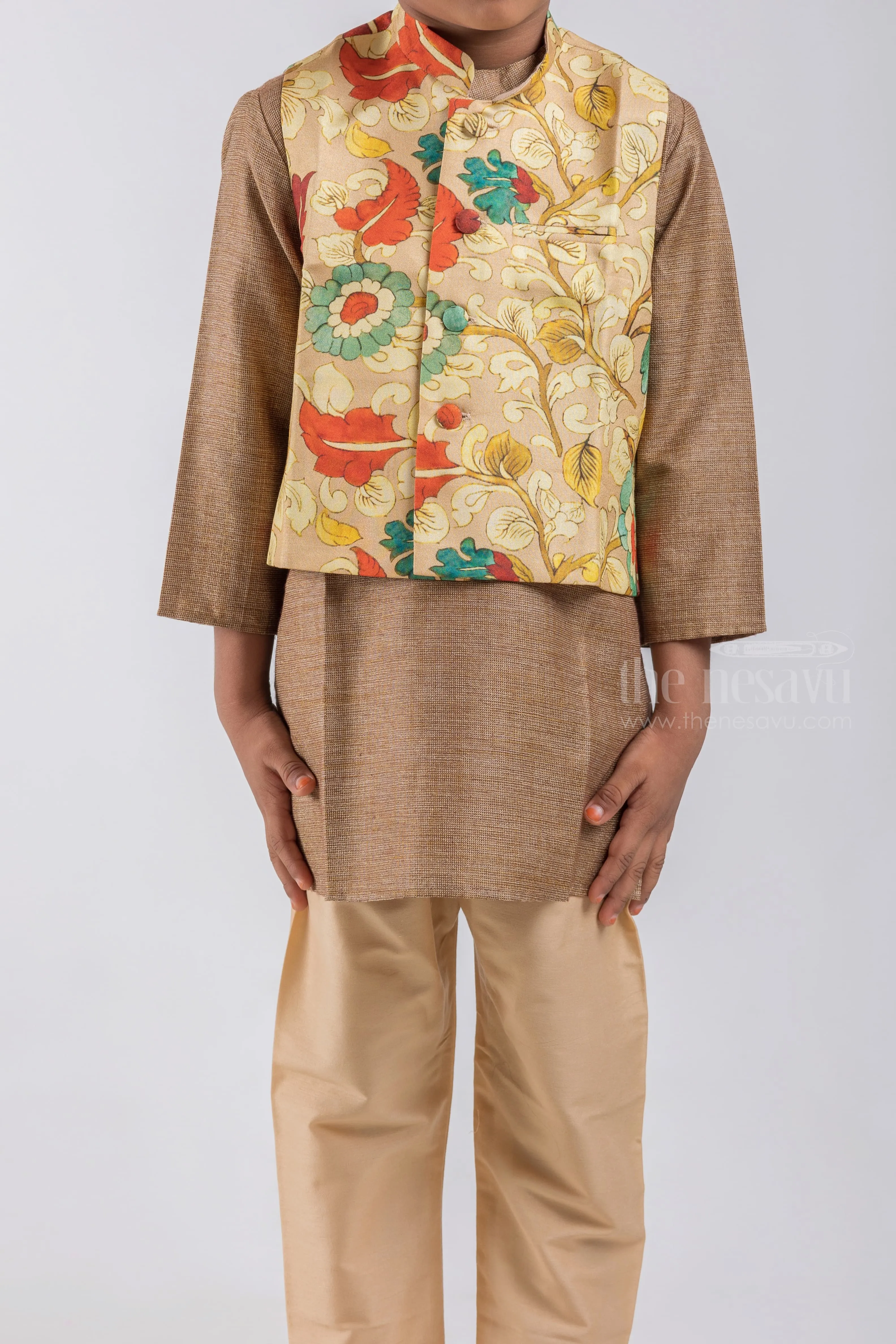 Brown Handloom Cotton Kurta N Pure Silk Kalamkari Printed Jacket For Boys