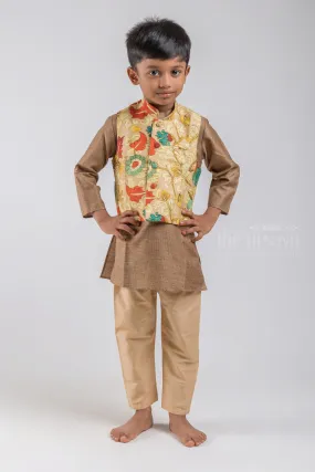 Brown Handloom Cotton Kurta N Pure Silk Kalamkari Printed Jacket For Boys