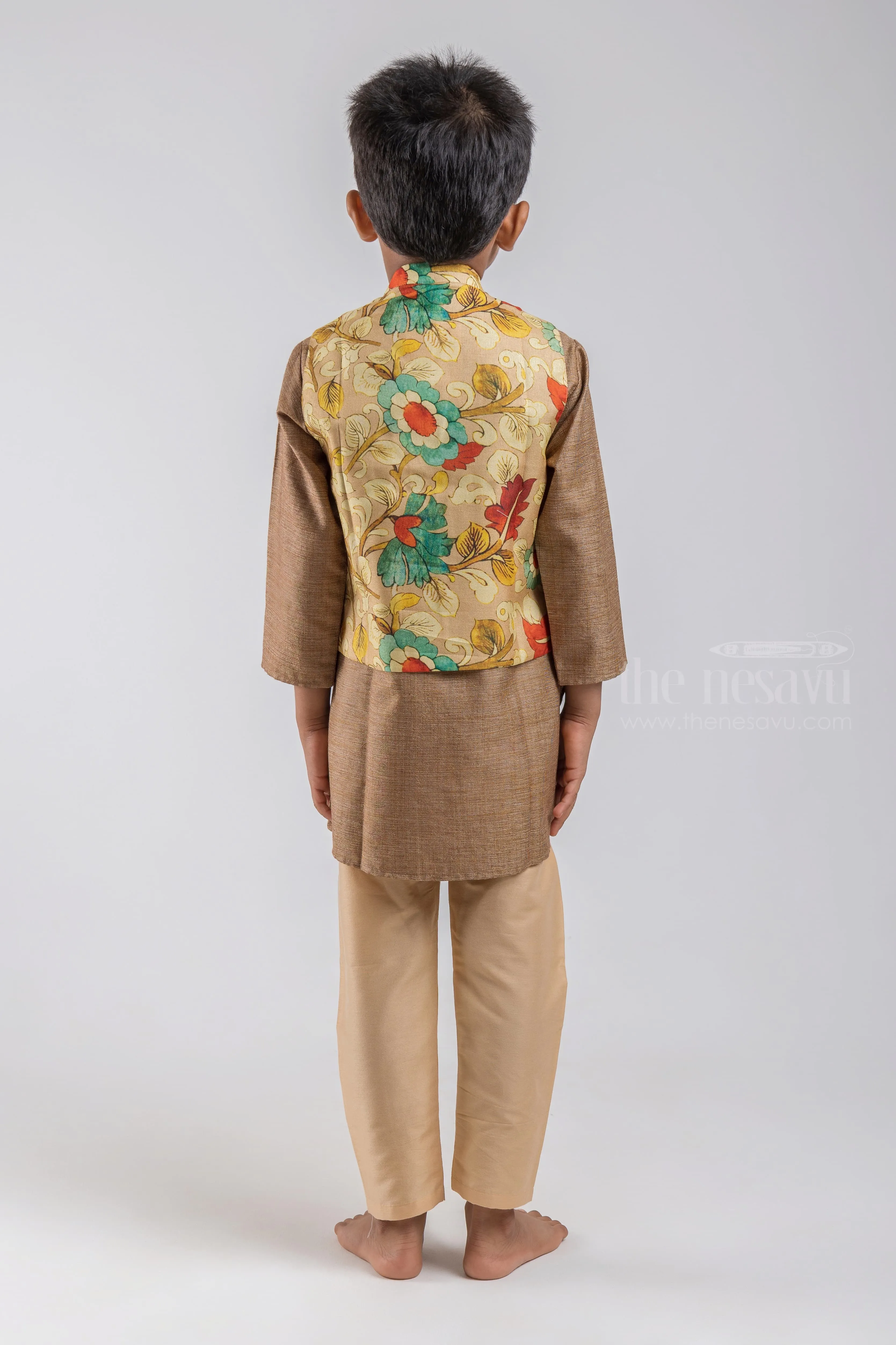 Brown Handloom Cotton Kurta N Pure Silk Kalamkari Printed Jacket For Boys