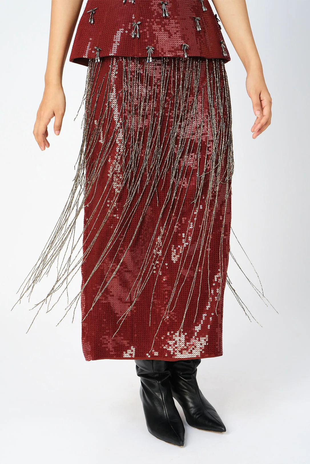 Burgundy handcrafted fringe skirt