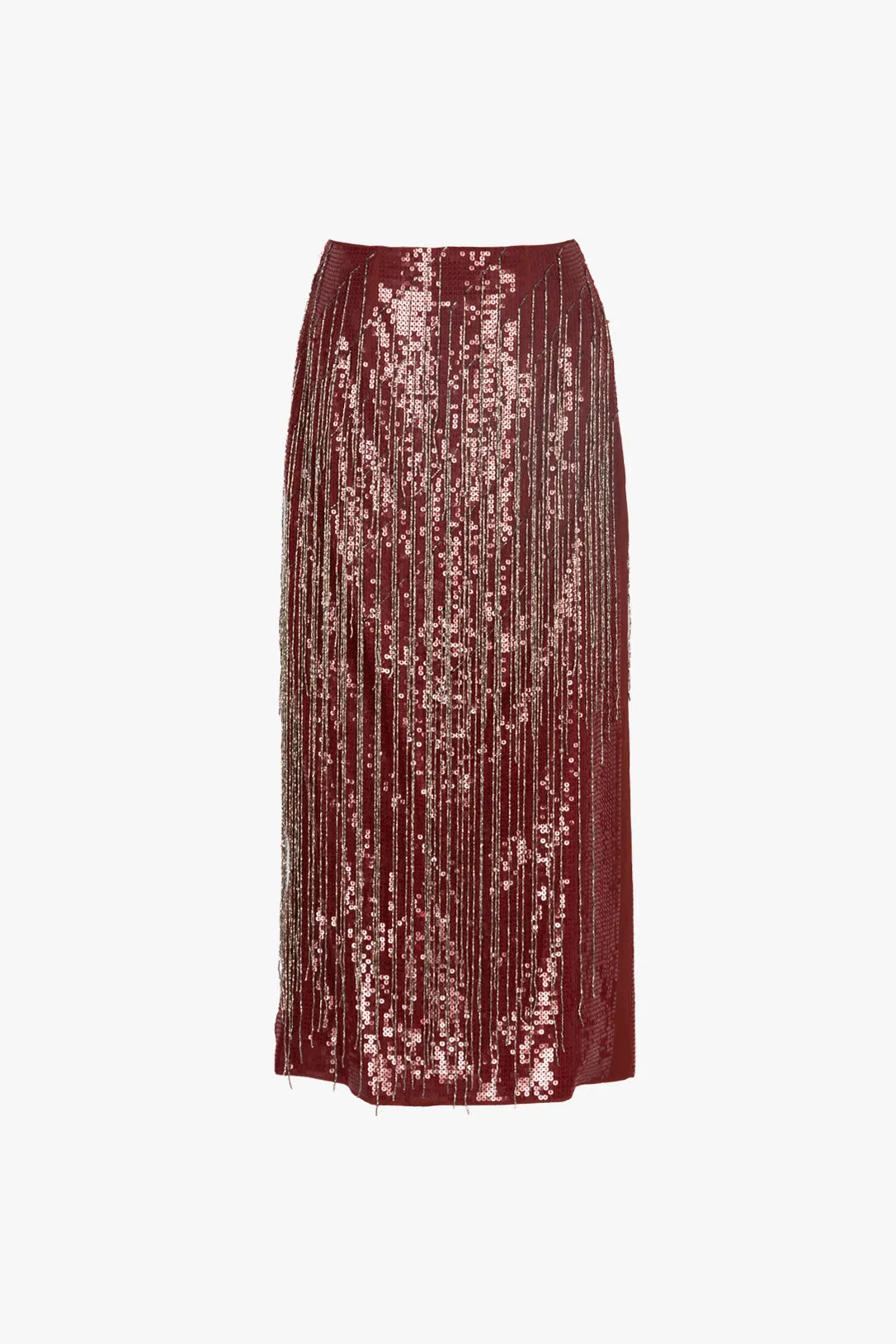 Burgundy handcrafted fringe skirt