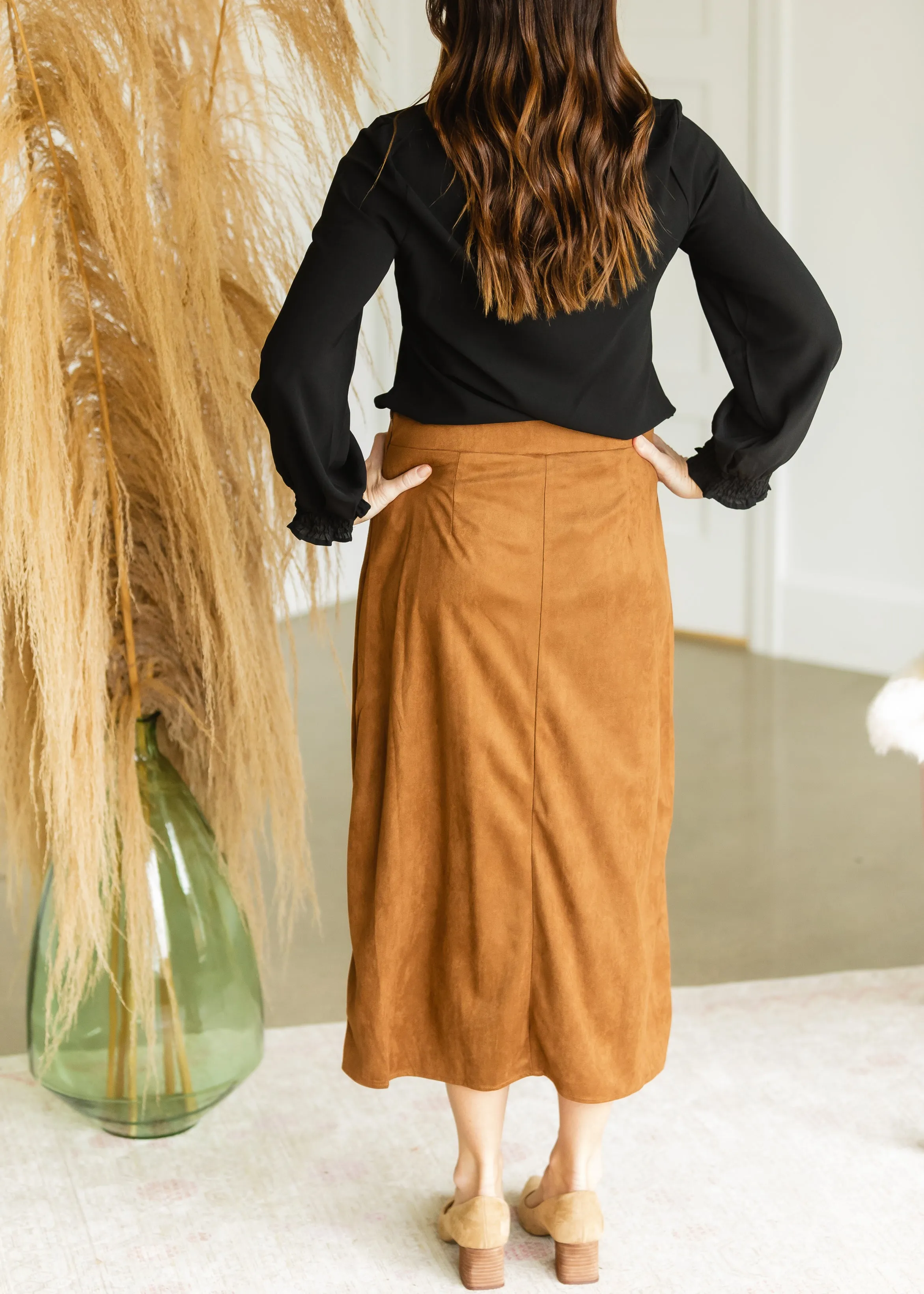 Camel Suede Button Up Midi Skirt - FINAL SALE