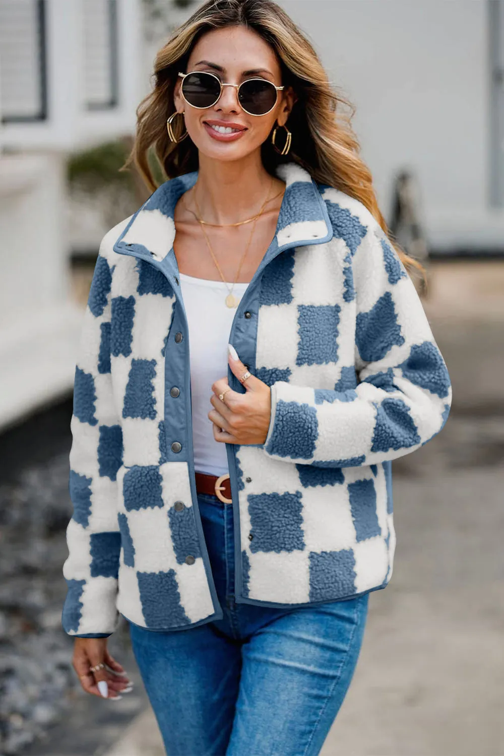 Checkered Snap Down Long Sleeve Teddy Jacket | Winter Fashion | Trending Jackets