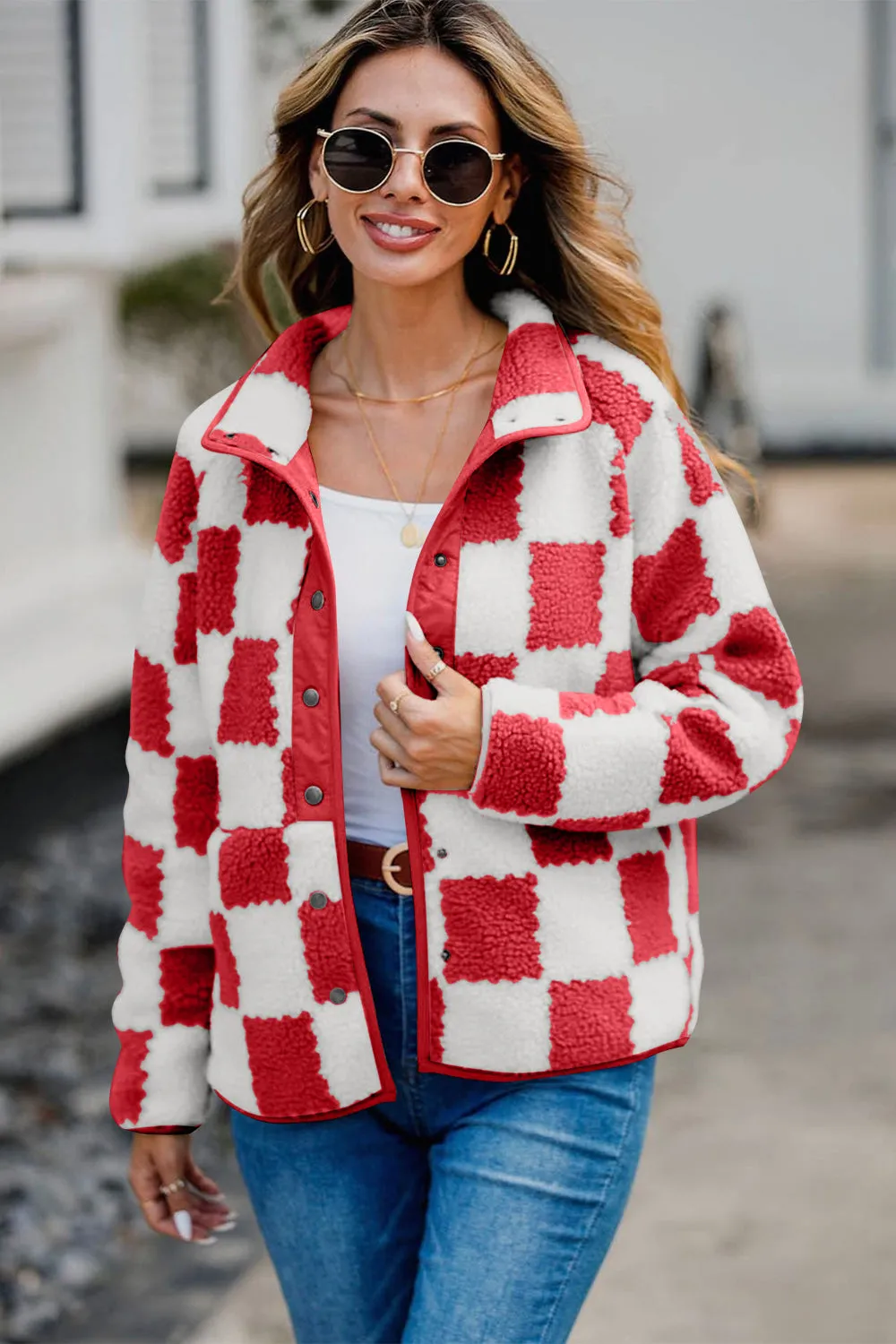 Checkered Snap Down Long Sleeve Teddy Jacket | Winter Fashion | Trending Jackets