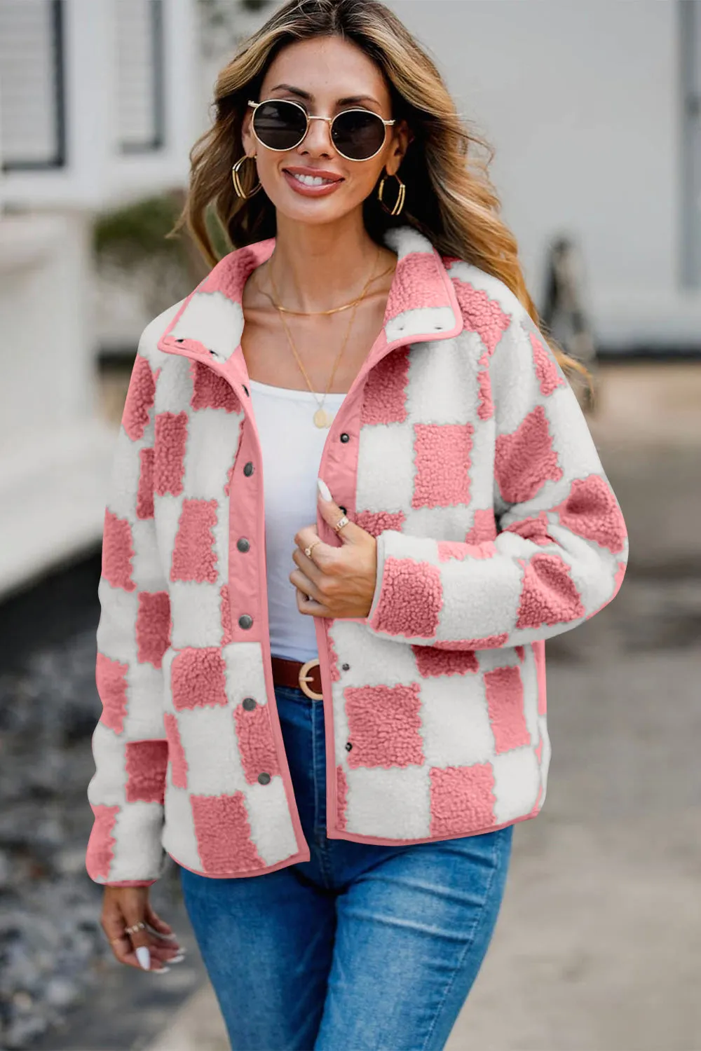 Checkered Snap Down Long Sleeve Teddy Jacket | Winter Fashion | Trending Jackets