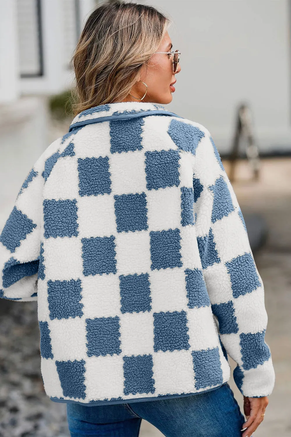 Checkered Snap Down Long Sleeve Teddy Jacket | Winter Fashion | Trending Jackets