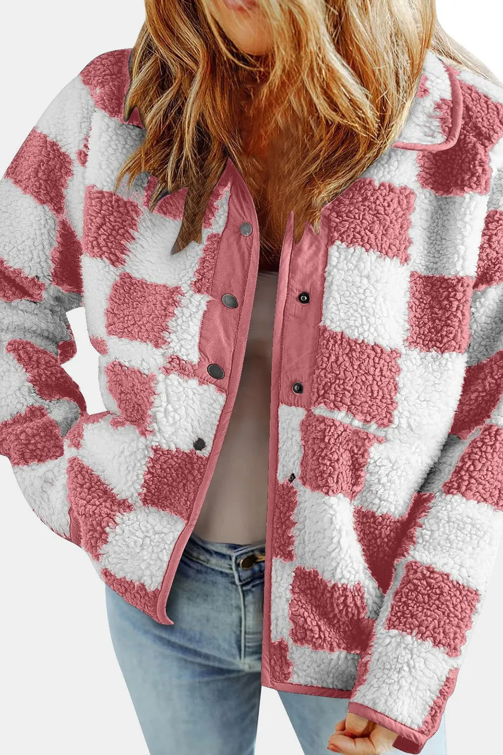 Checkered Snap Down Long Sleeve Teddy Jacket | Winter Fashion | Trending Jackets