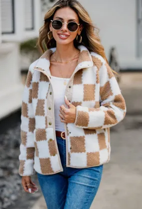 Checkered Snap Down Long Sleeve Teddy Jacket | Winter Fashion | Trending Jackets