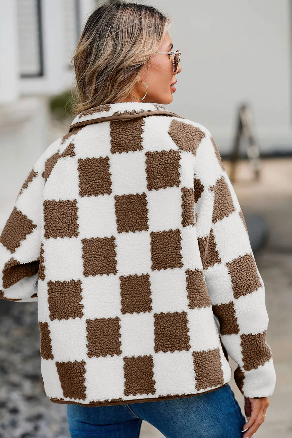 Checkered Snap Down Long Sleeve Teddy Jacket | Winter Fashion | Trending Jackets