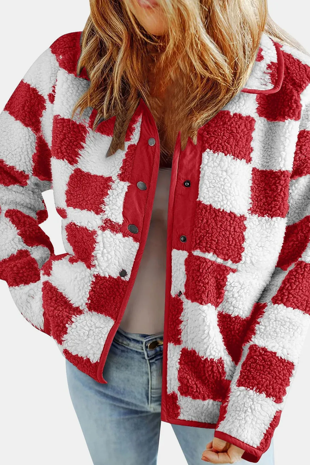 Checkered Snap Down Long Sleeve Teddy Jacket | Winter Fashion | Trending Jackets