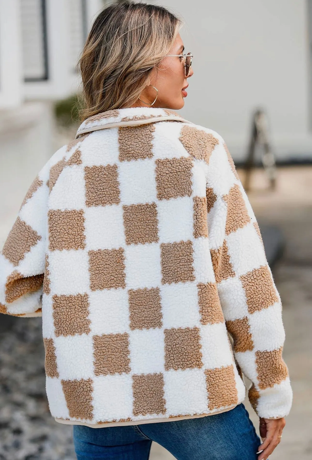 Checkered Snap Down Long Sleeve Teddy Jacket | Winter Fashion | Trending Jackets