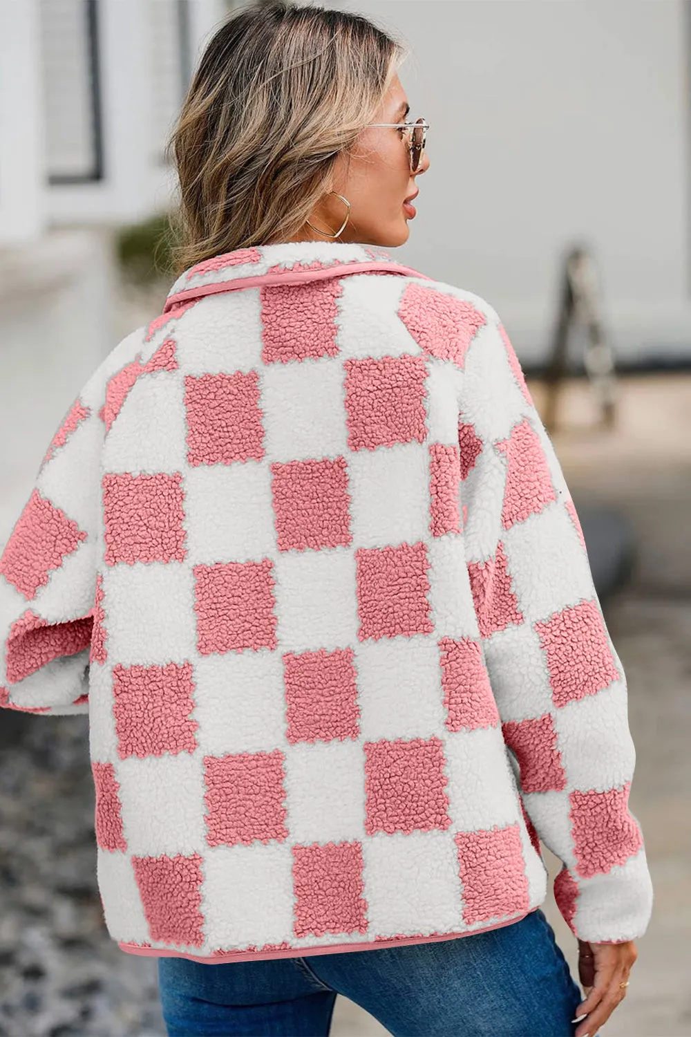 Checkered Snap Down Long Sleeve Teddy Jacket | Winter Fashion | Trending Jackets