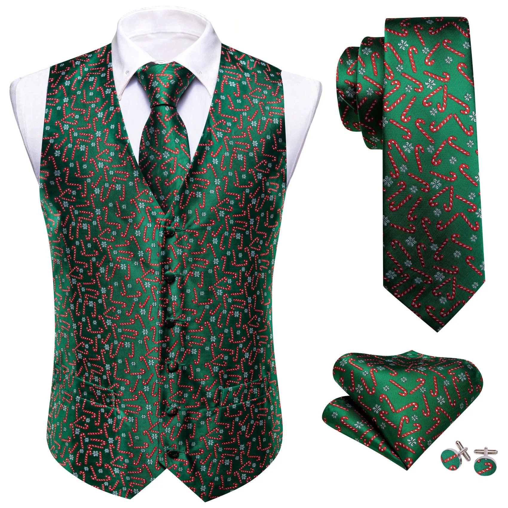 Christmas Green Red White Snowflake Crutches Silk Men Vest Hanky Cufflinks Tie Set