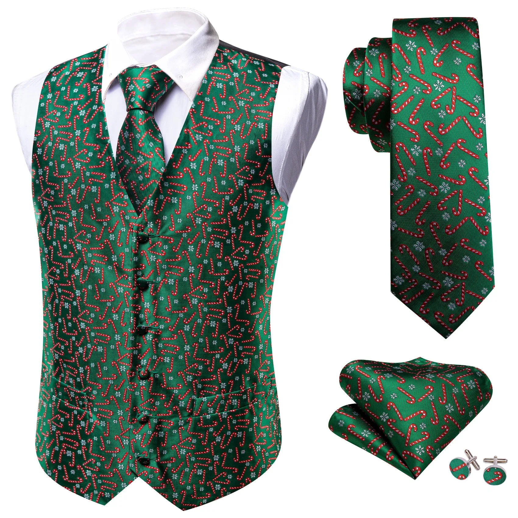 Christmas Green Red White Snowflake Crutches Silk Men Vest Hanky Cufflinks Tie Set