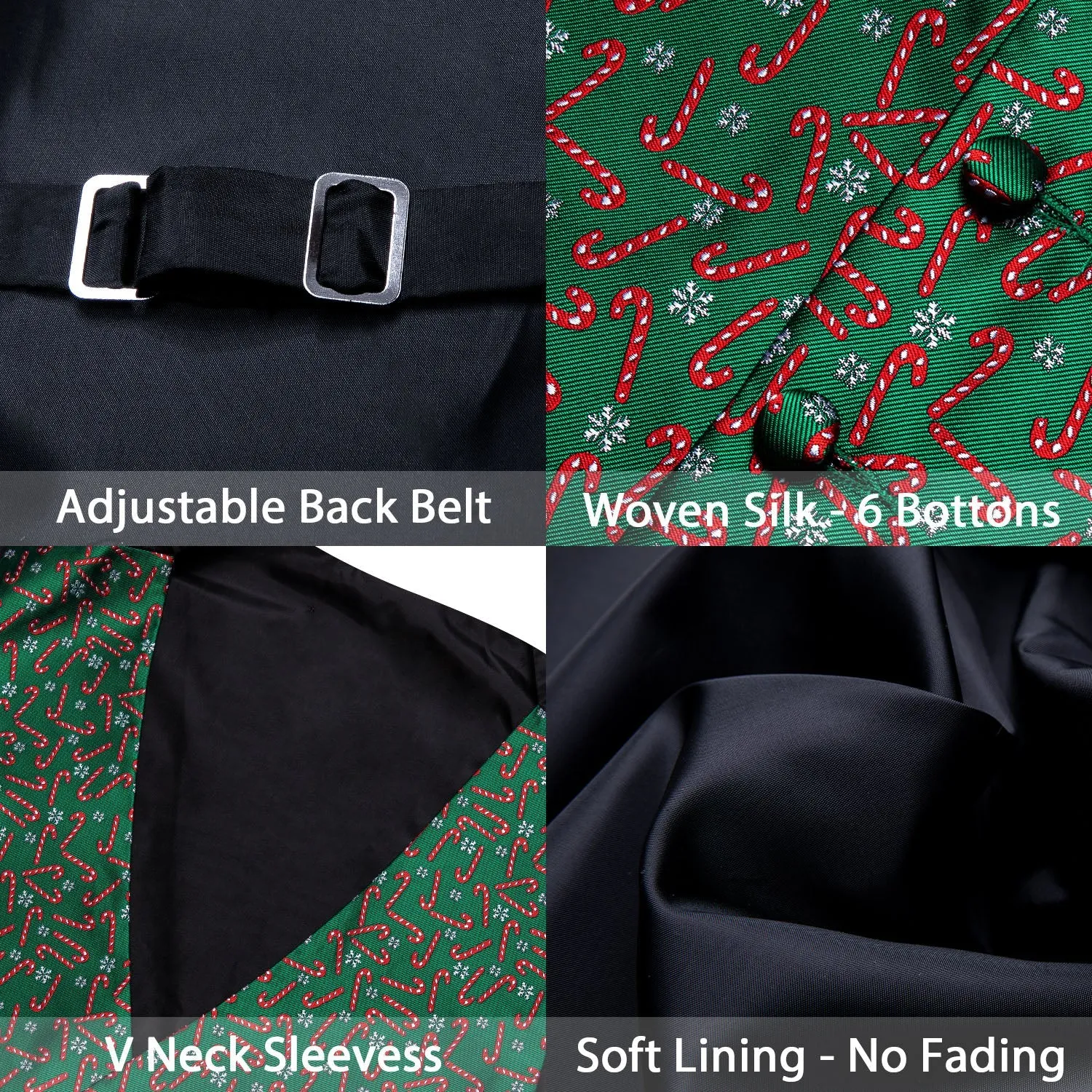 Christmas Green Red White Snowflake Crutches Silk Men Vest Hanky Cufflinks Tie Set