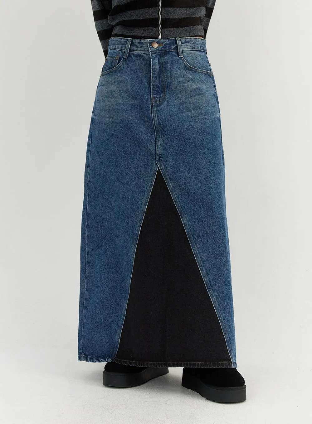 Colorblock Denim Maxi Skirt CO319