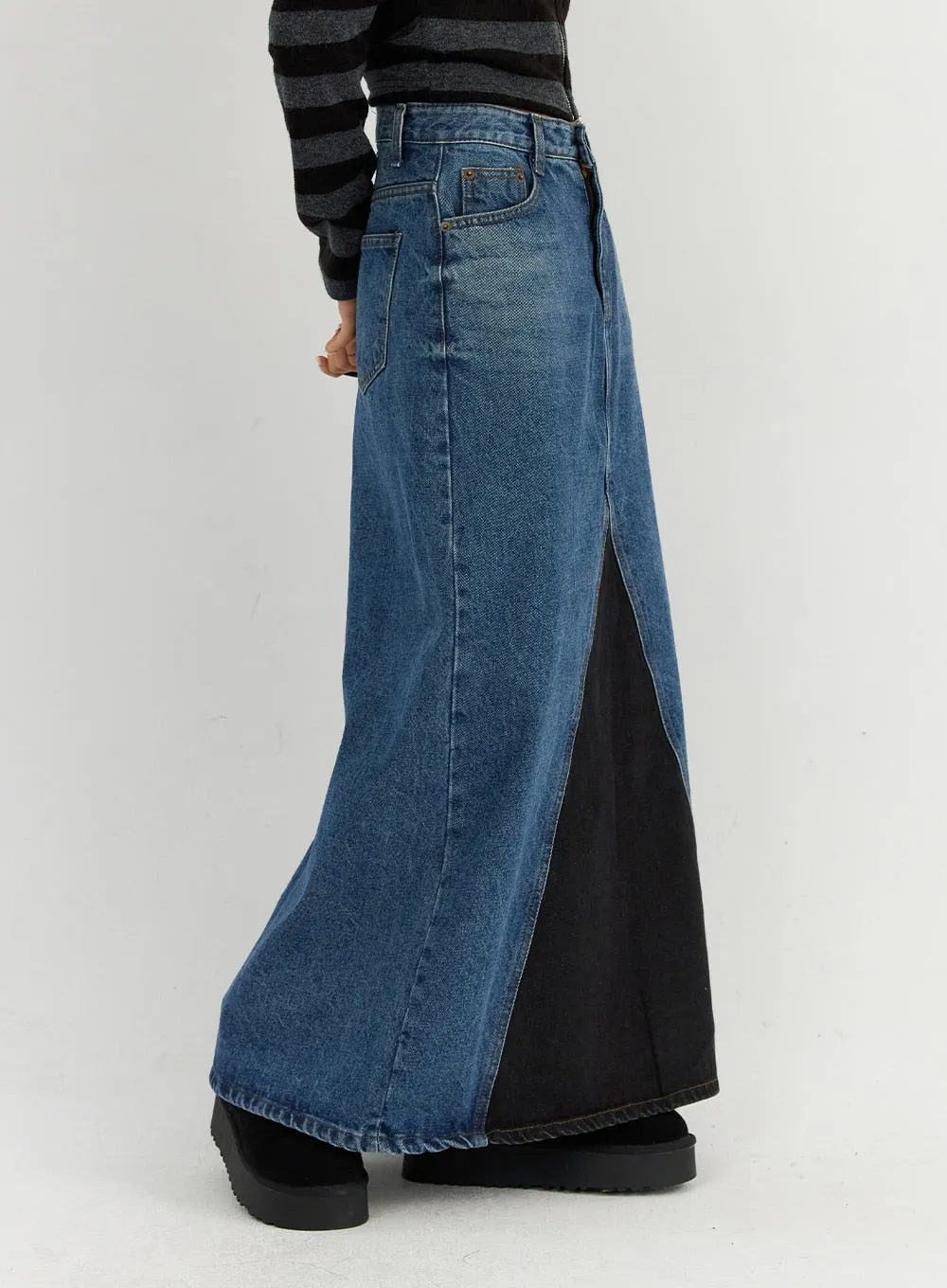 Colorblock Denim Maxi Skirt CO319