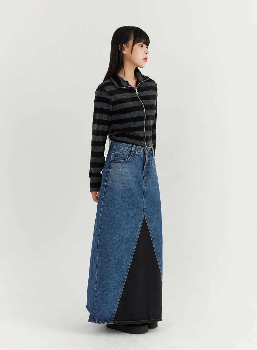 Colorblock Denim Maxi Skirt CO319