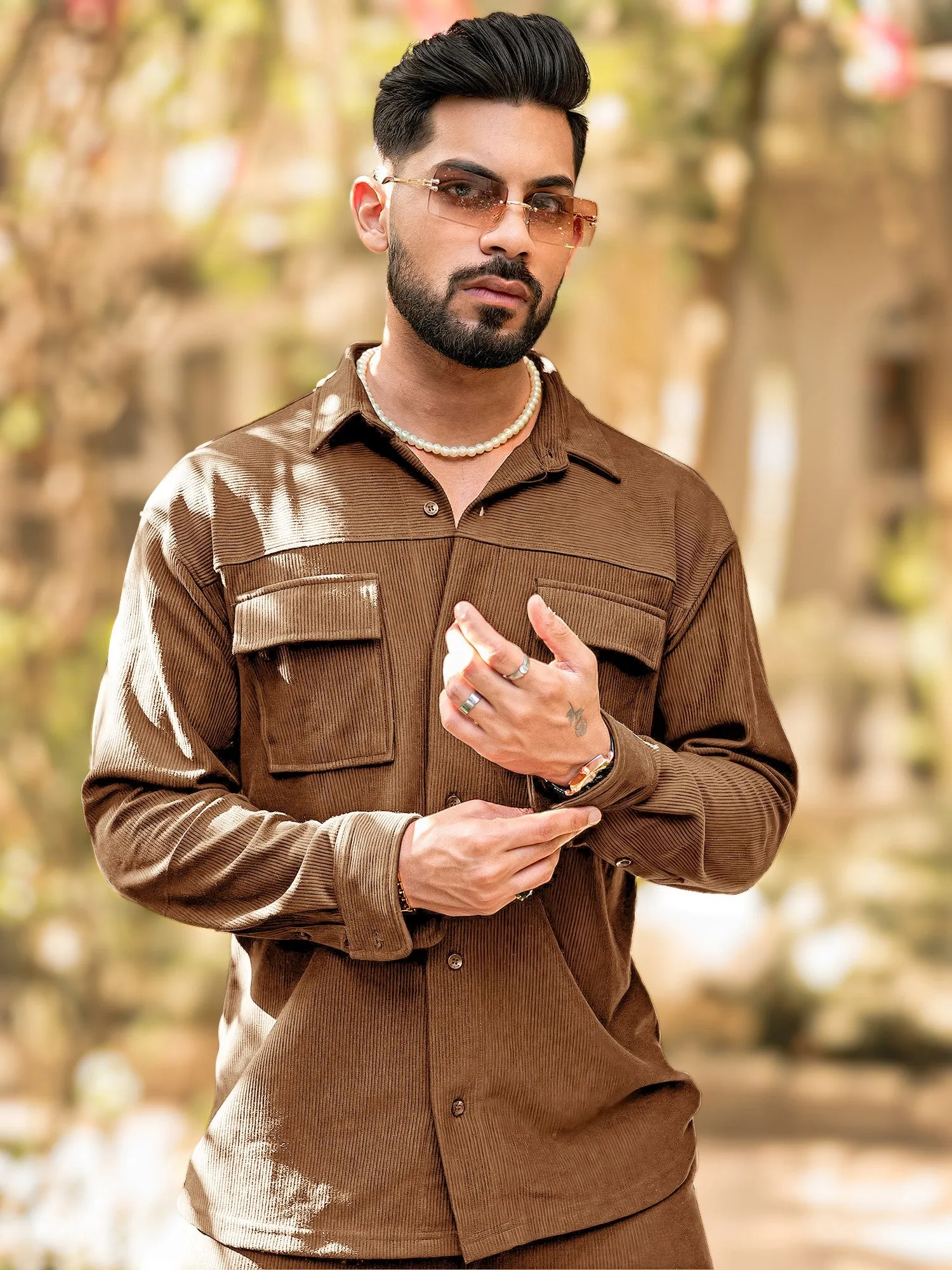 Cord Knit Textured Double Pocket Brown Shirt