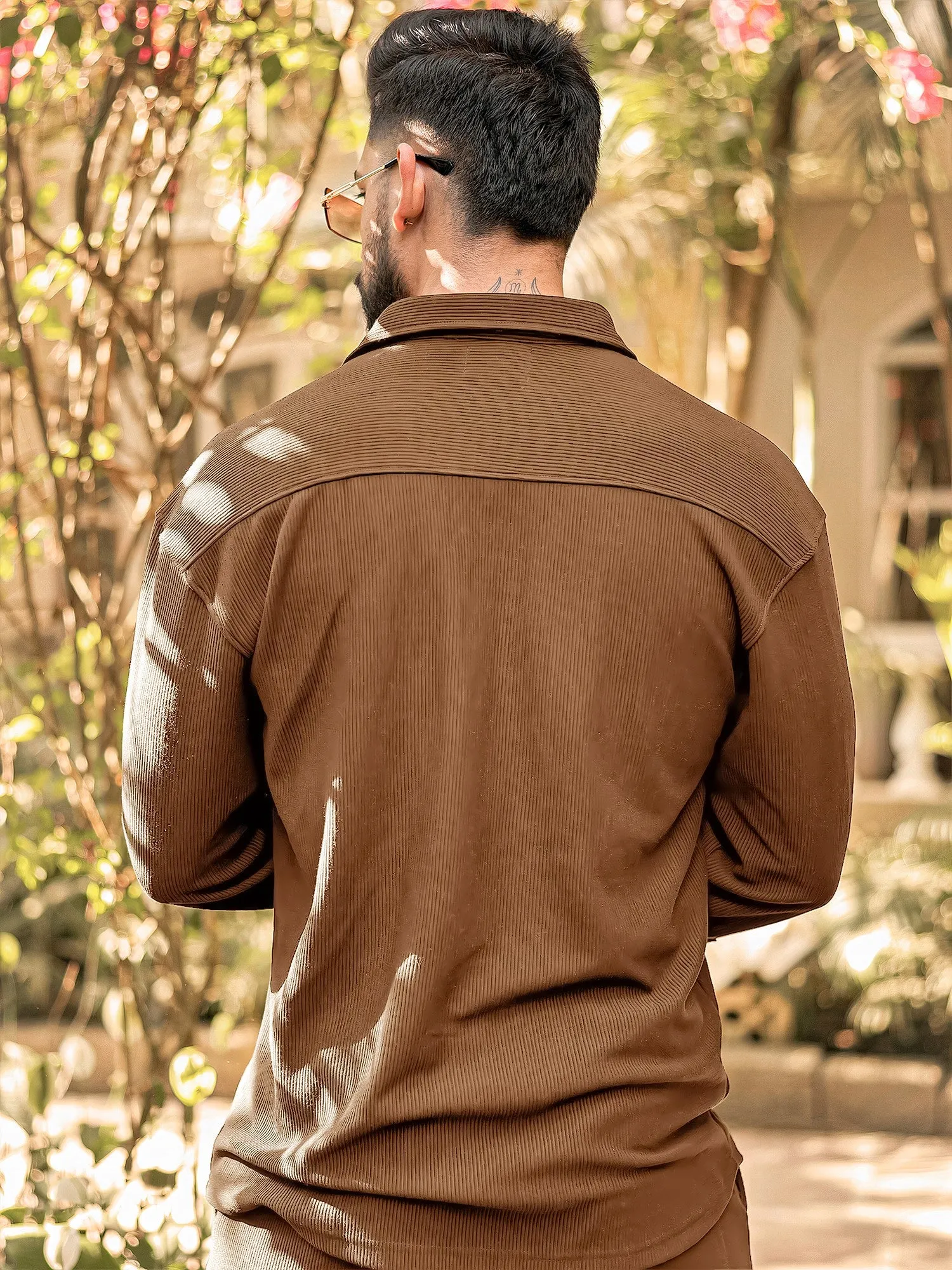 Cord Knit Textured Double Pocket Brown Shirt