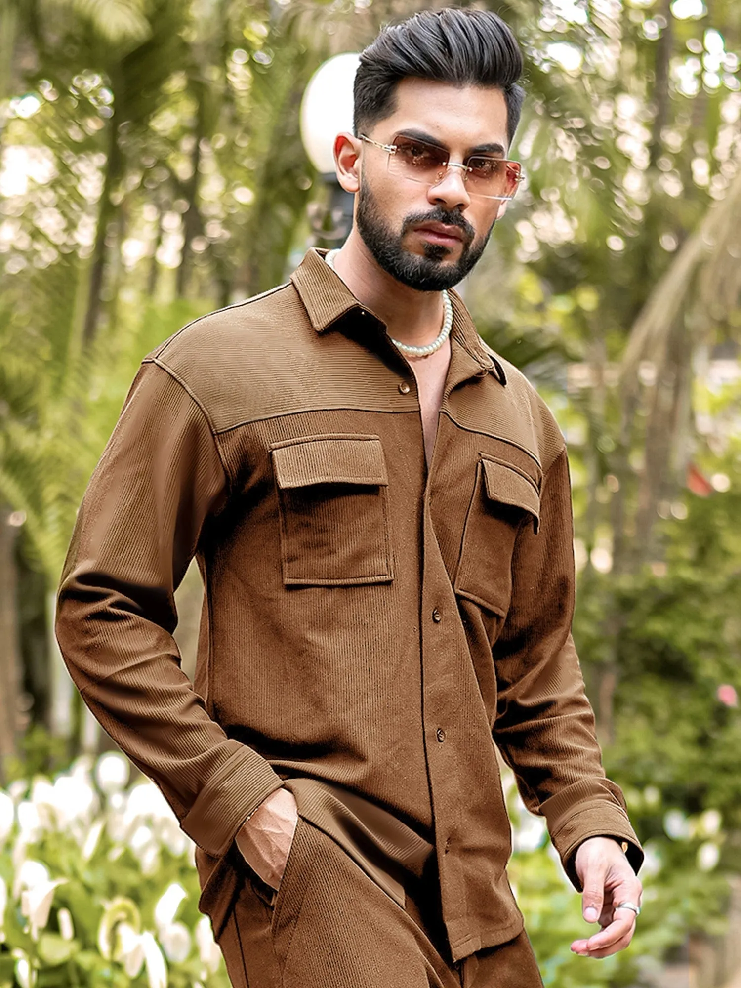 Cord Knit Textured Double Pocket Brown Shirt