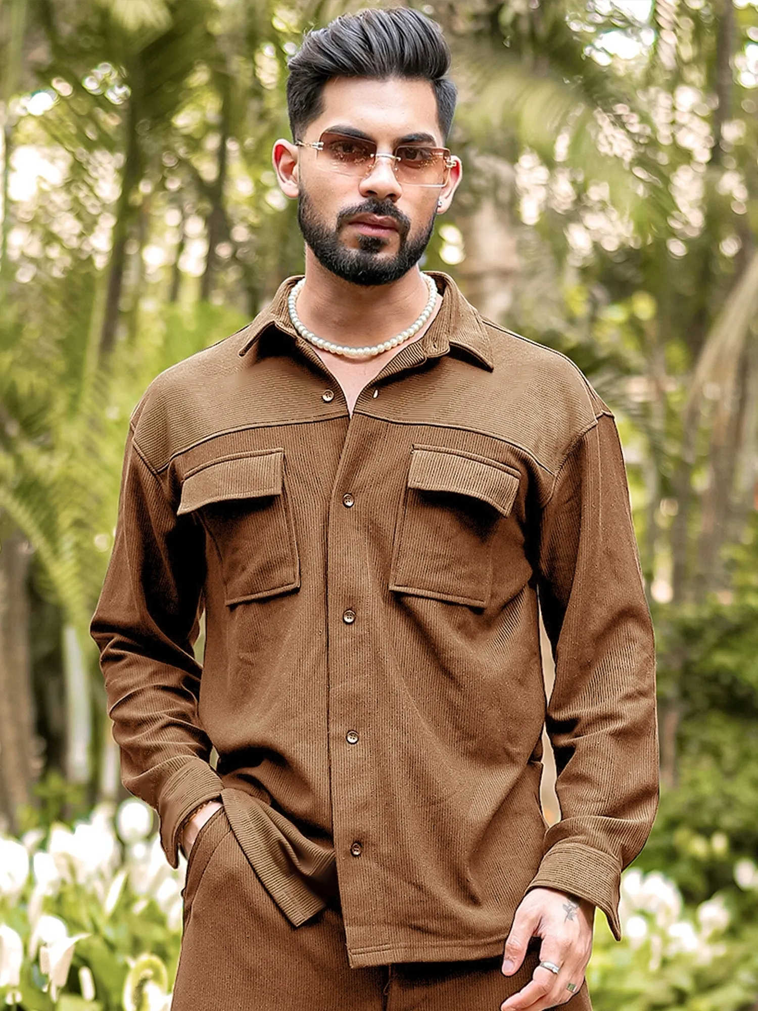 Cord Knit Textured Double Pocket Brown Shirt