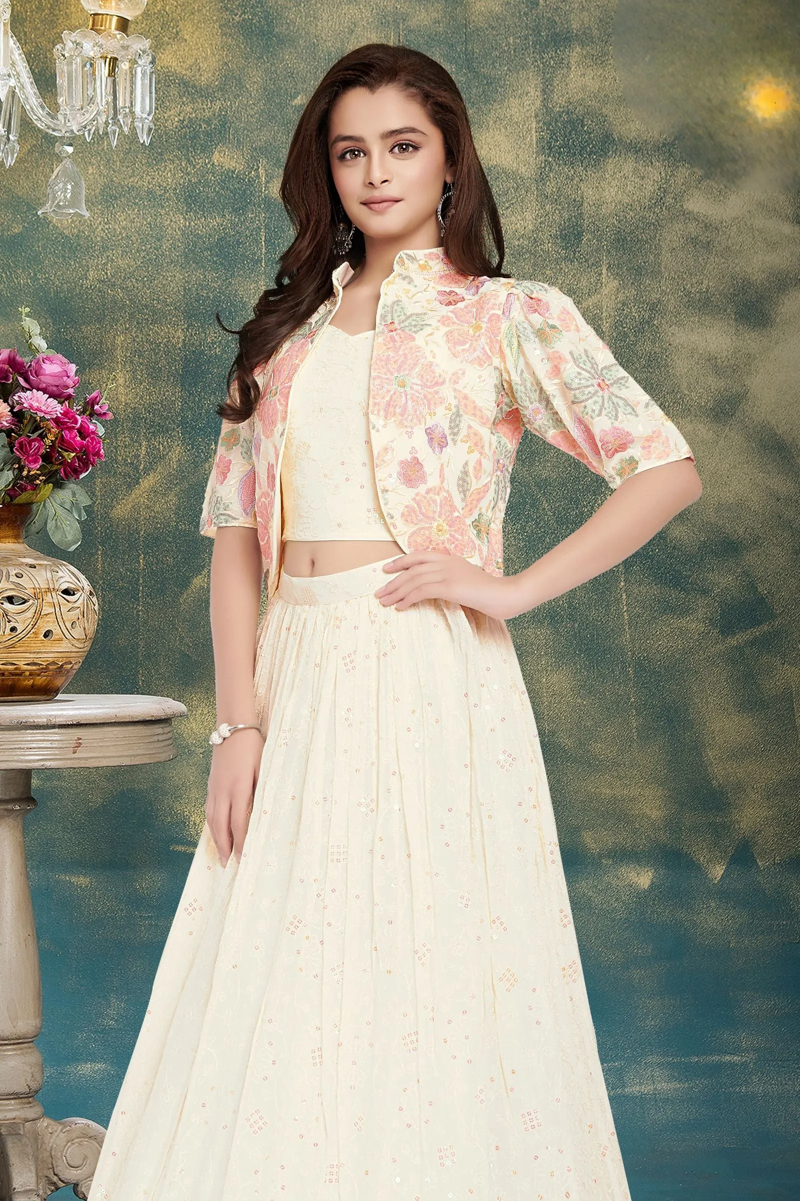 Cream Sequins and Embroidery work Jacket Styled Lehenga Choli for Girls