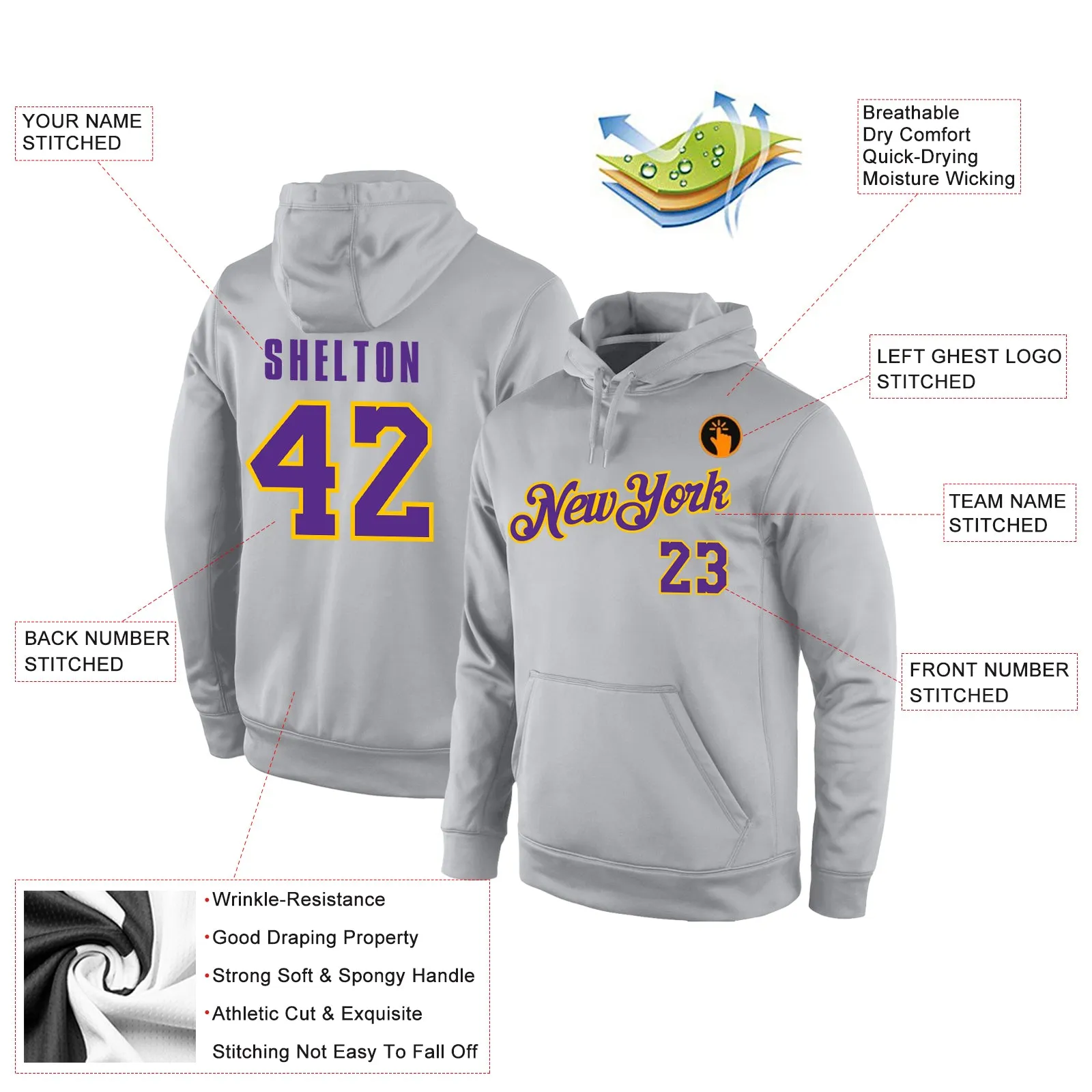 Custom Stitched Gray Purple-Gold Sports Pullover Sweatshirt Hoodie