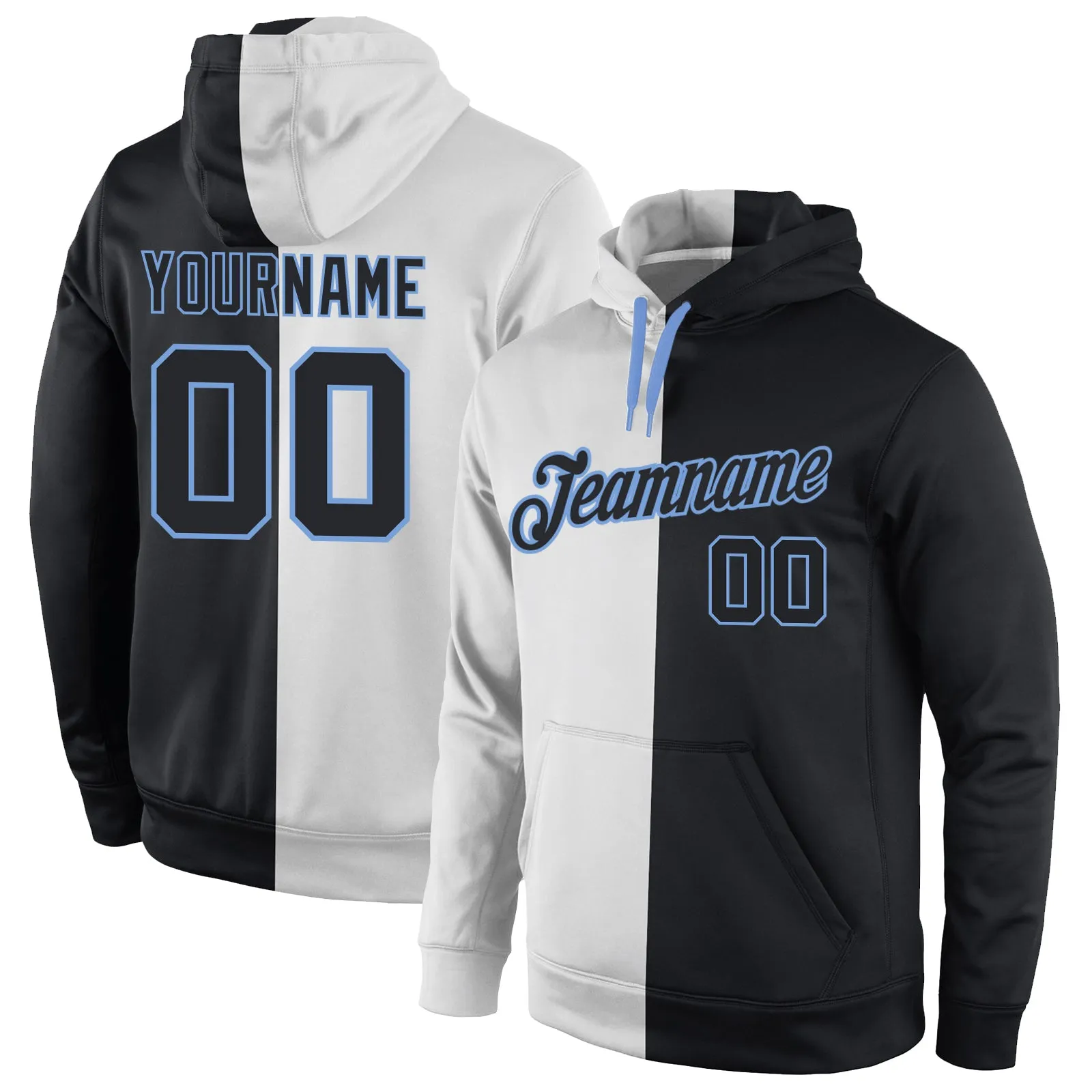 Custom Stitched White Black-Light Blue Split Fashion Sports Pullover Sweatshirt Hoodie