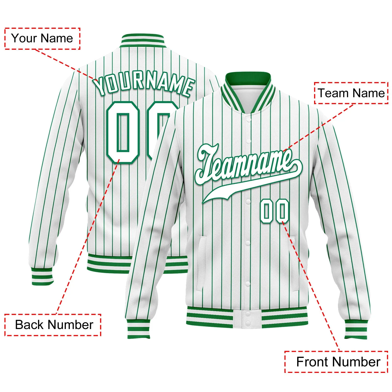 Custom White Green Stripe Fashion Jacket Bomber Full-Snap Varsity Letterman Personalized Jacket FZ005-D020219-7