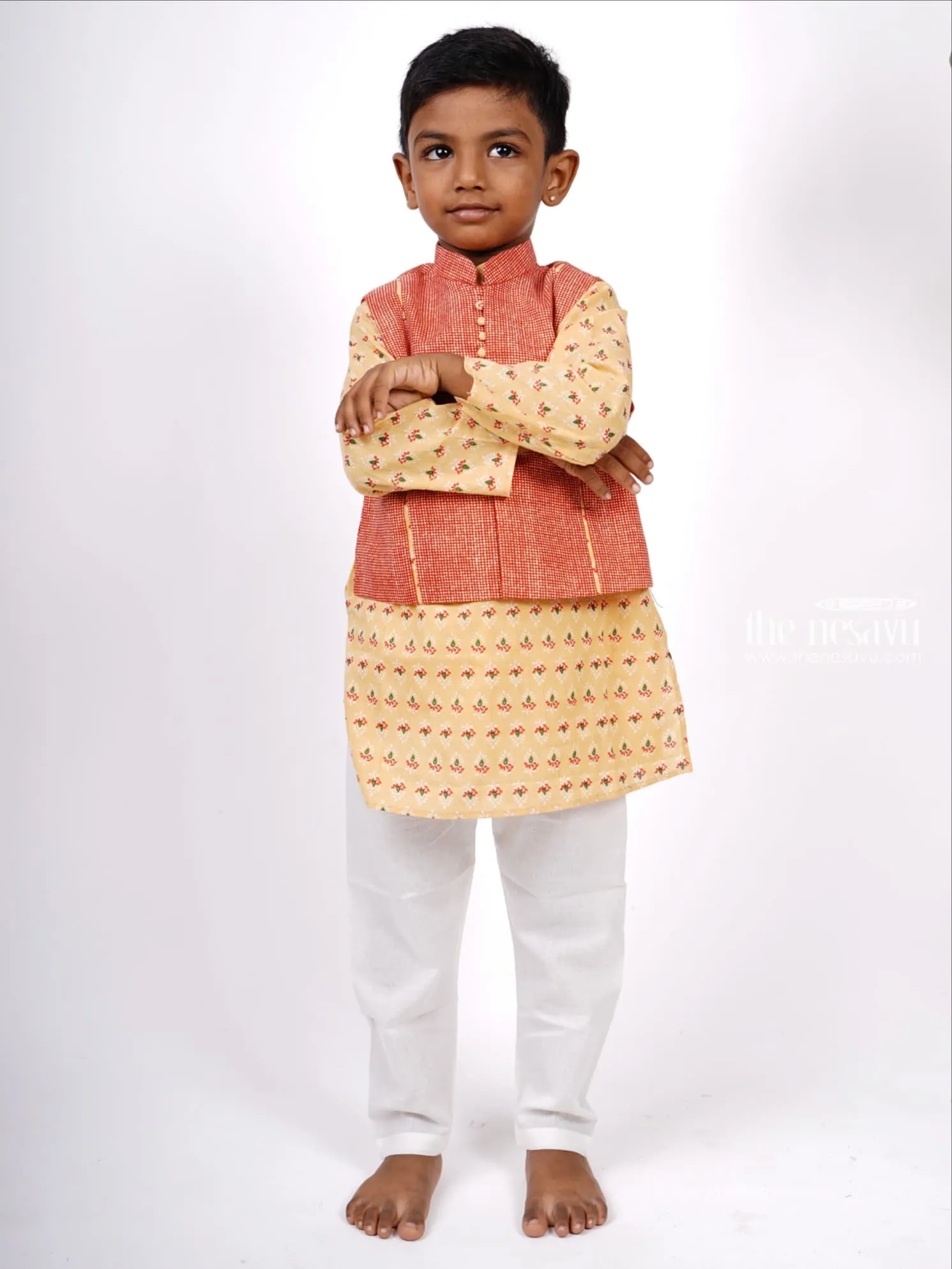 Designer Block Printed Kurta and Jacket with Pant Suit for Baby Boys