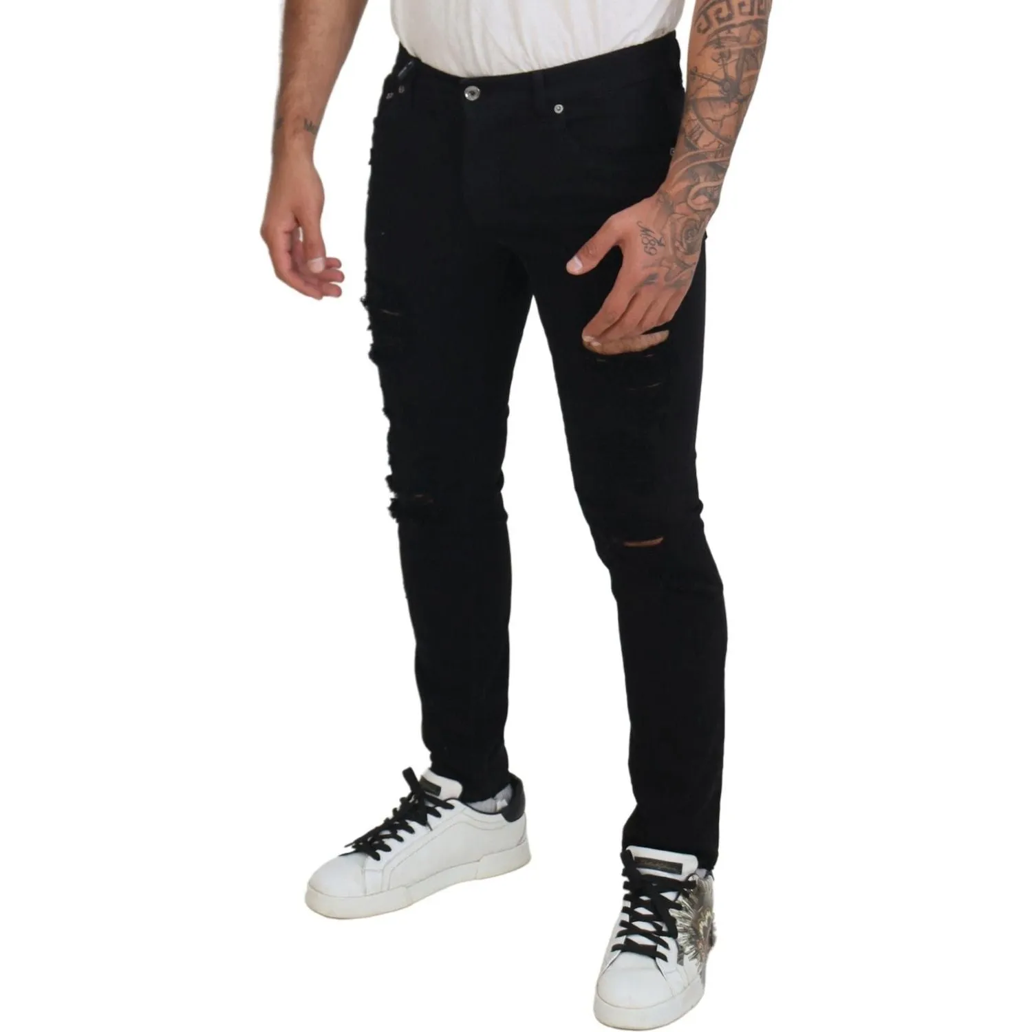 Dolce & Gabbana Svelte Black Tattered Slim Fit Denim