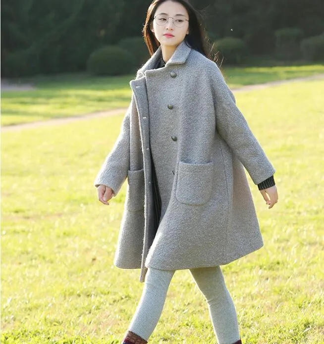 Double Breast Loose A-line Women Coat Winter Wool Coat Plus Size Coat