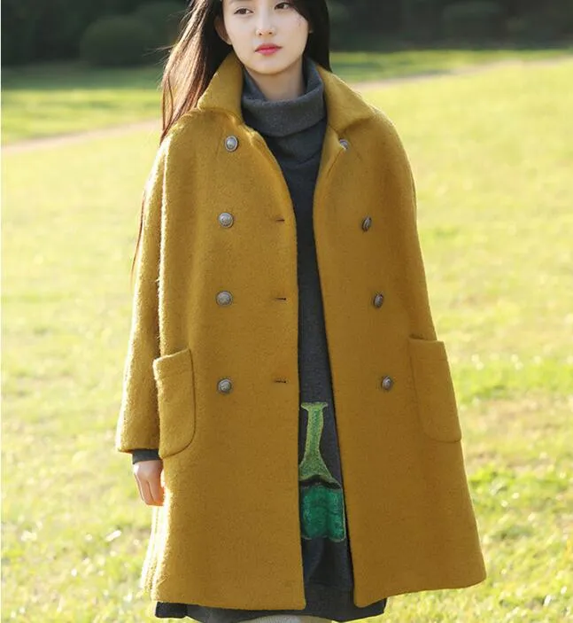 Double Breast Loose A-line Women Coat Winter Wool Coat Plus Size Coat