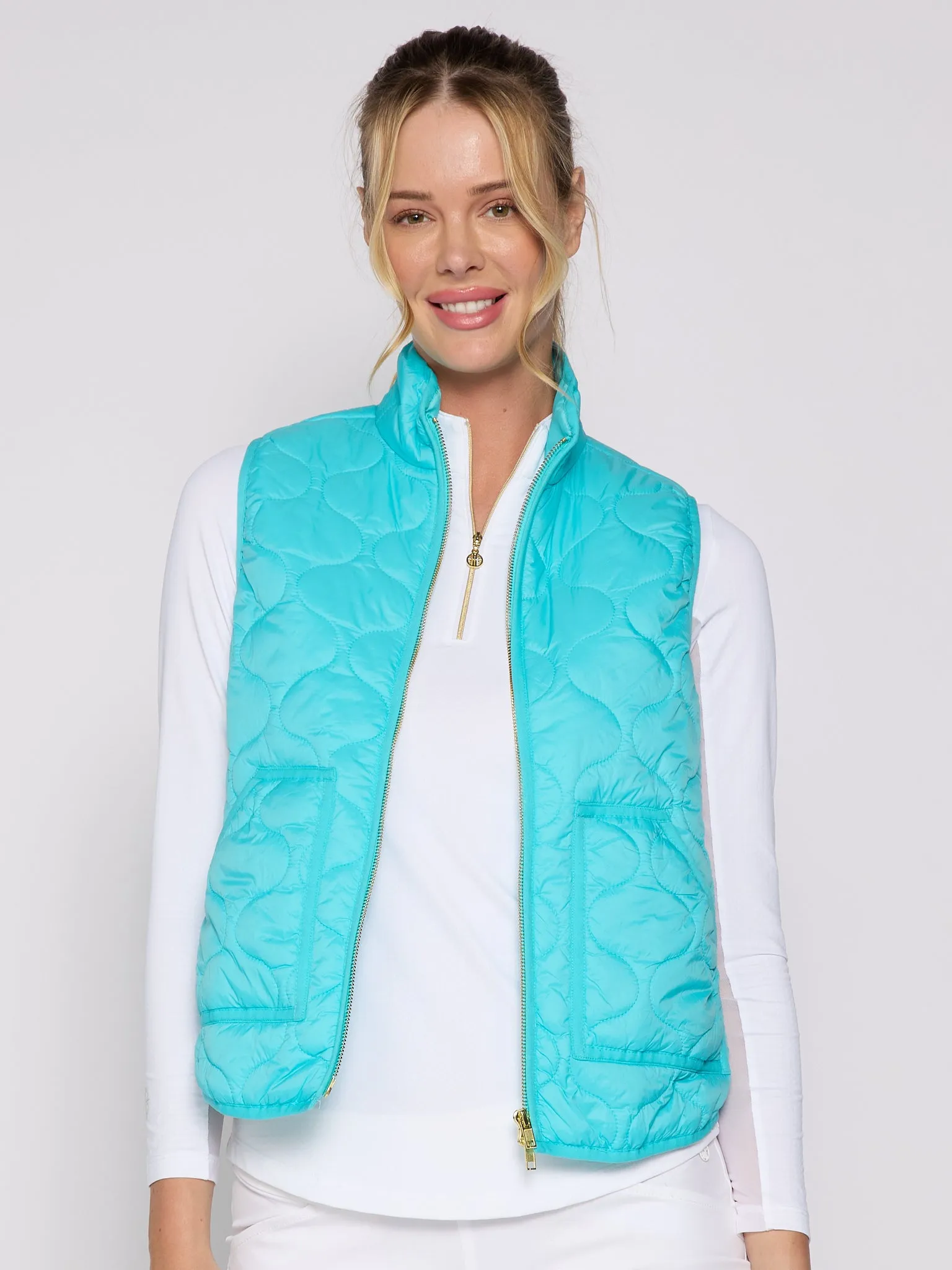 Double Zipper Padded Vest In Caribbean Turquoise