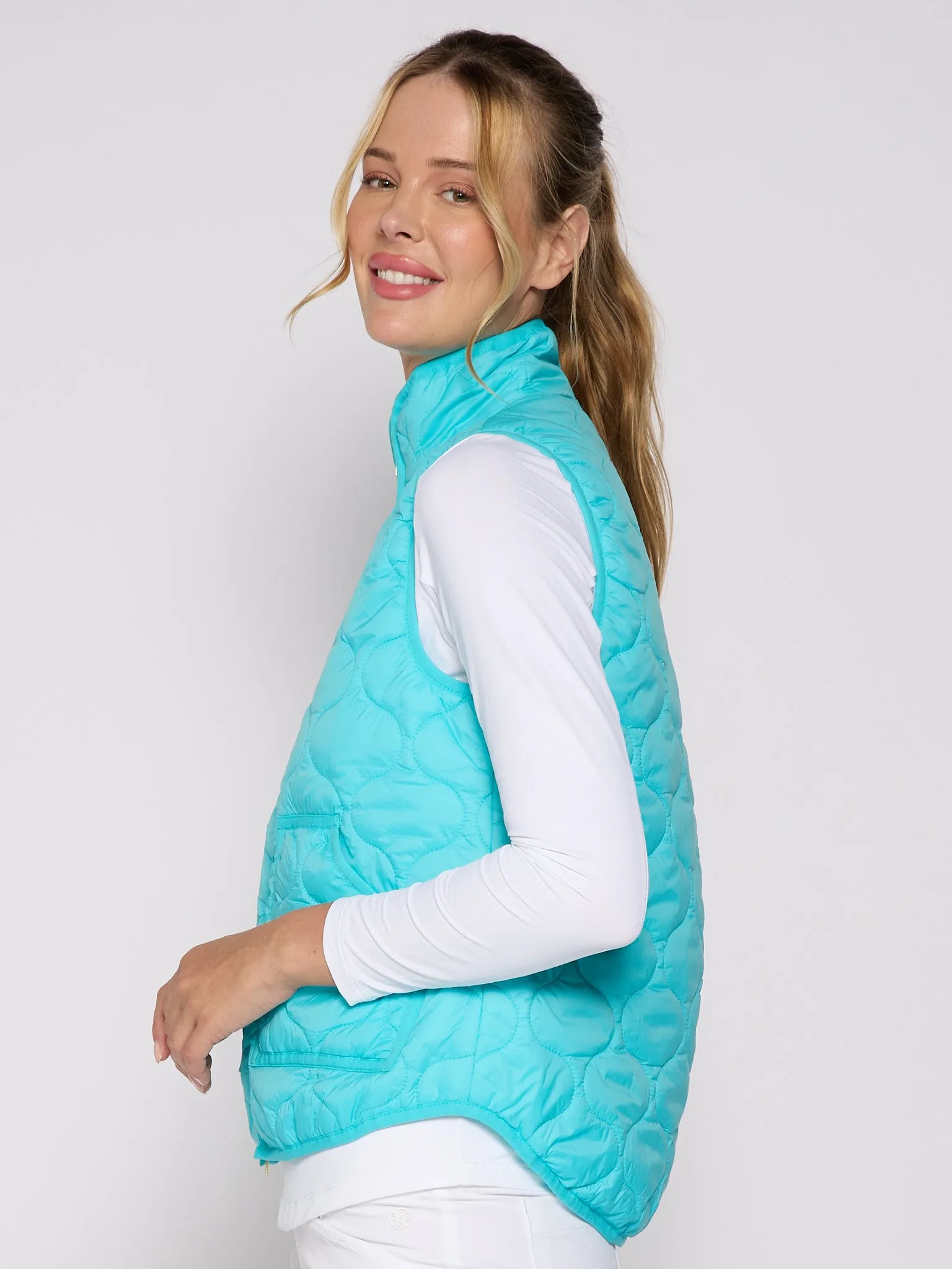 Double Zipper Padded Vest In Caribbean Turquoise