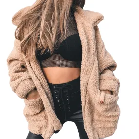 Elegant Faux Fur Coat Women Autumn Winter Warm Soft Zipper Jacket Female Plush Overcoat Casual Outerwear