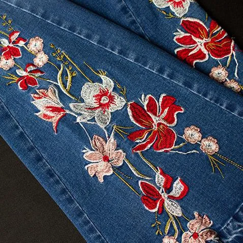 Embroidery Woman Skinny Flare Pants Denim Jeans