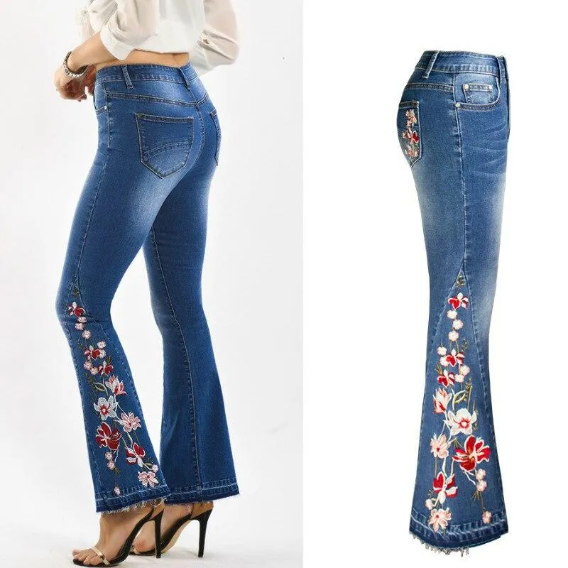 Embroidery Woman Skinny Flare Pants Denim Jeans