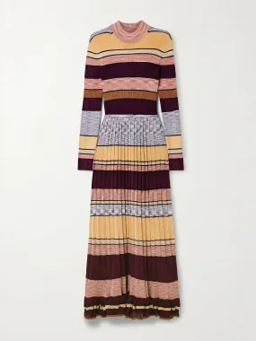 Evangeline striped pleated metallic knit turtleneck maxi dress