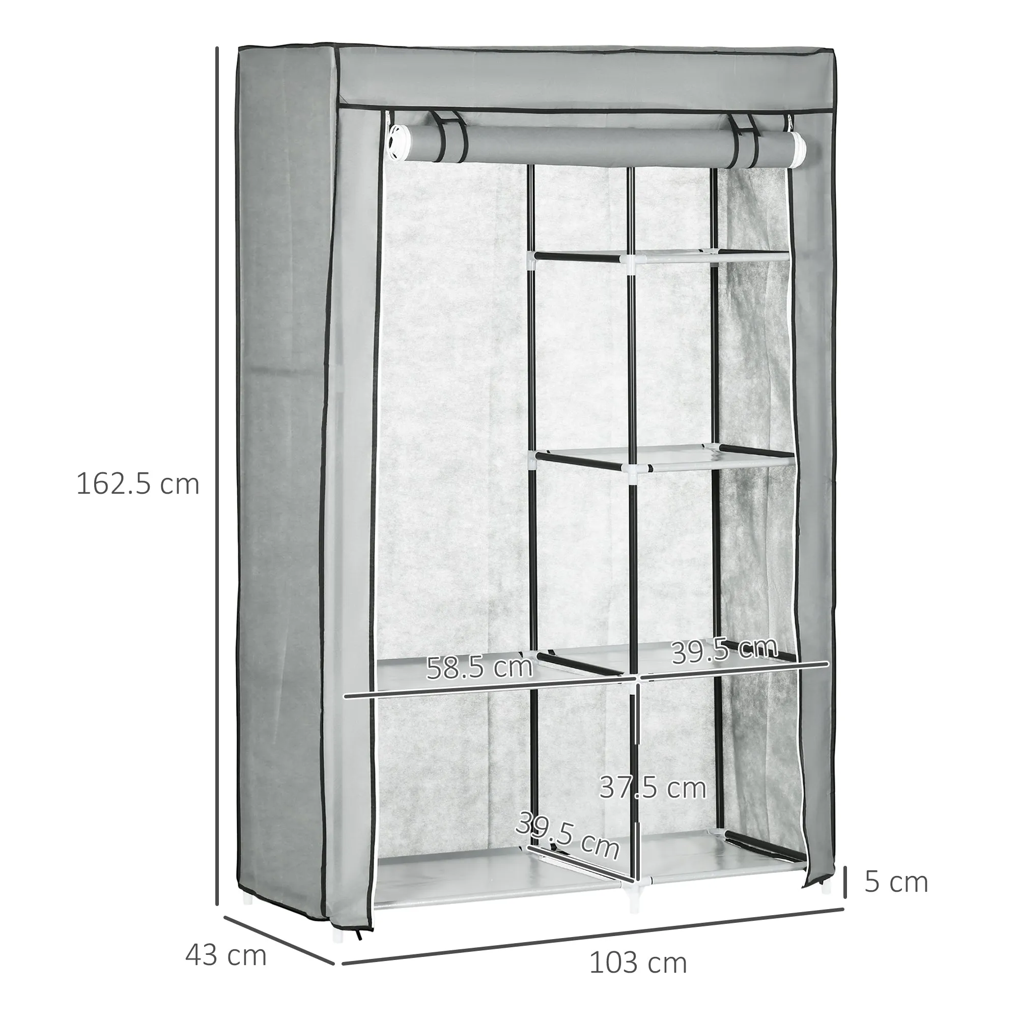 Fabric Wardrobe, Portable Wardrobe with 6 Shelves, 1 Hanging Rail, Foldable Closets, 103 x 43 x 162.5 cm, Light Grey