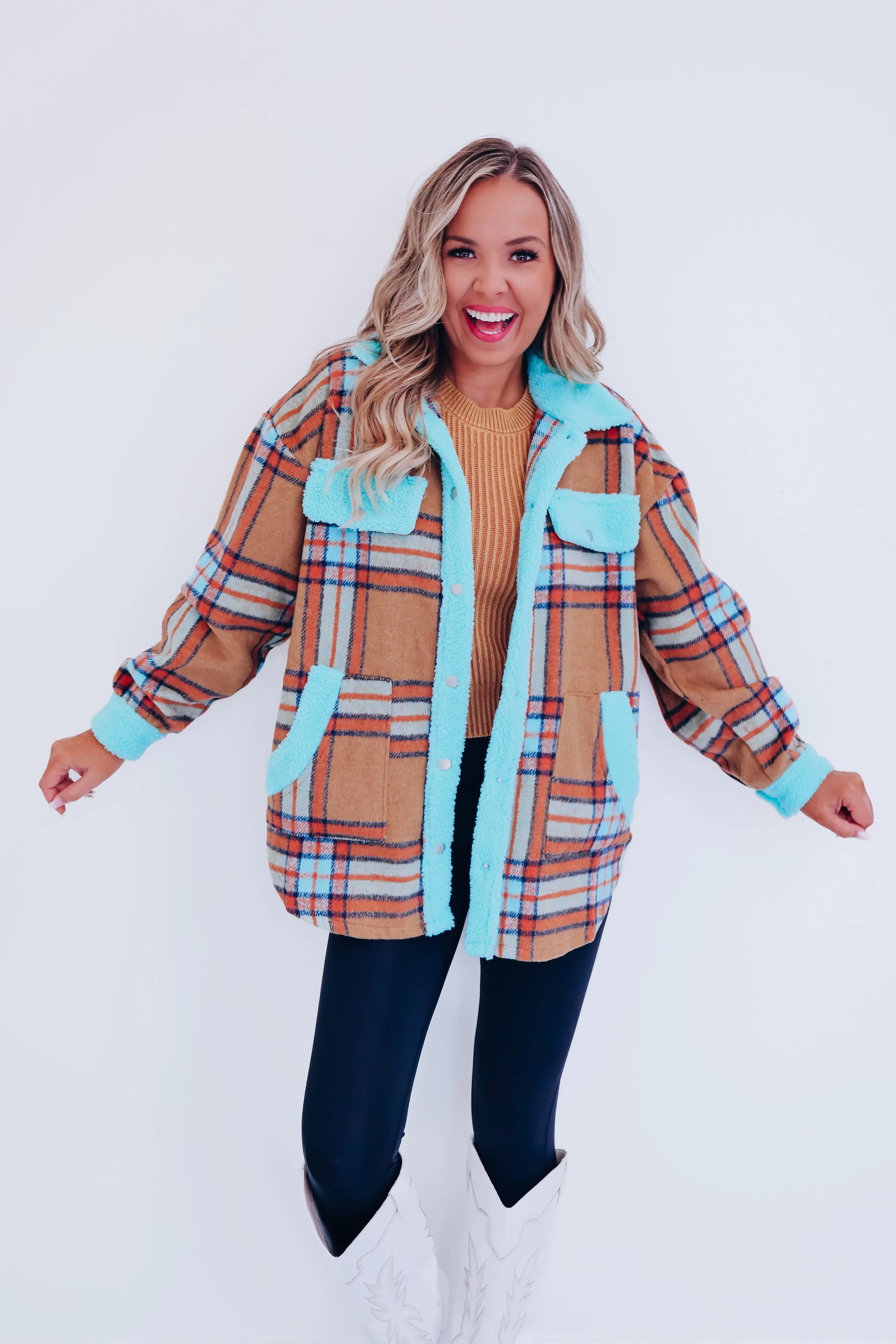 Fargo Contrasting Flannel Shacket - Aqua