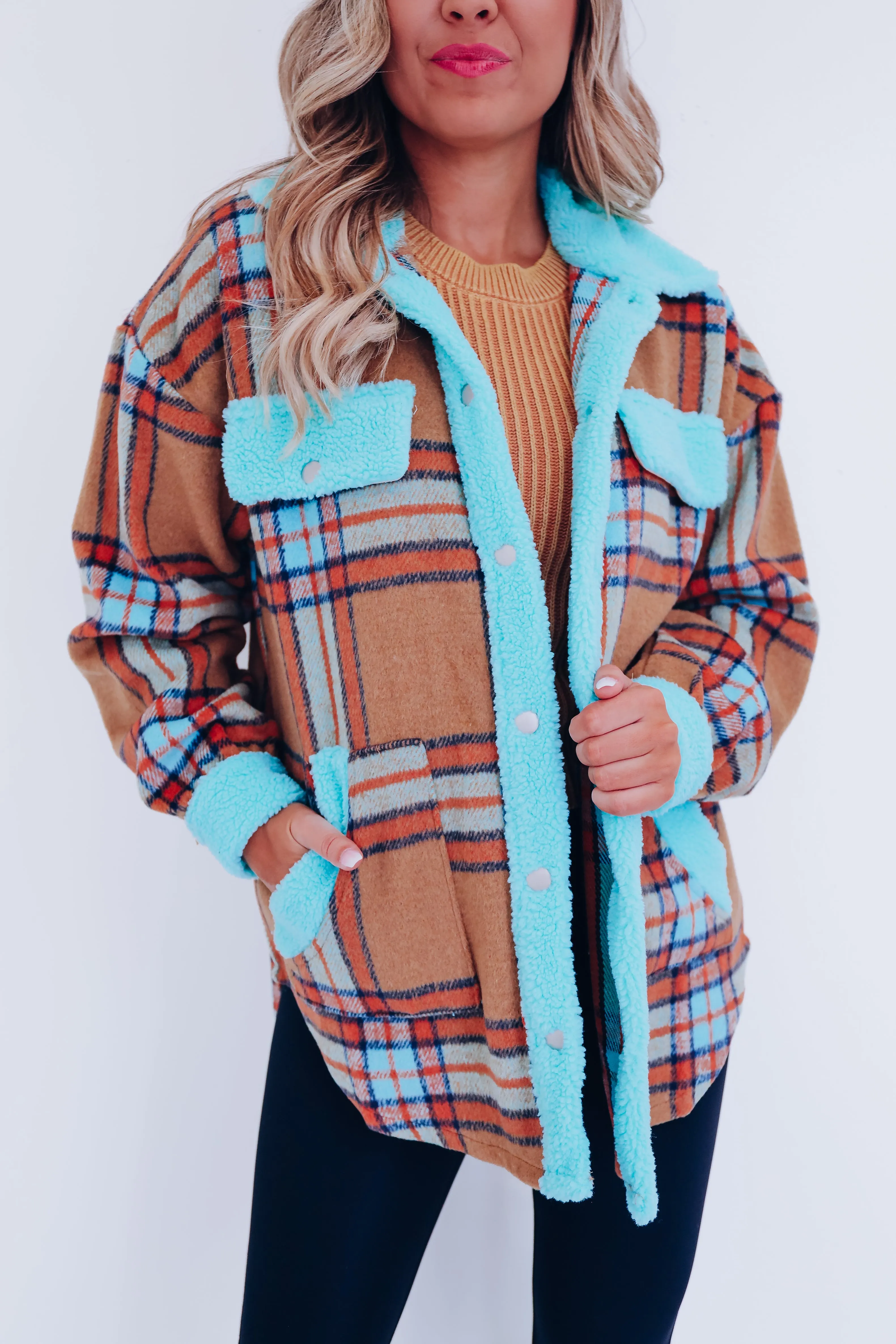 Fargo Contrasting Flannel Shacket - Aqua