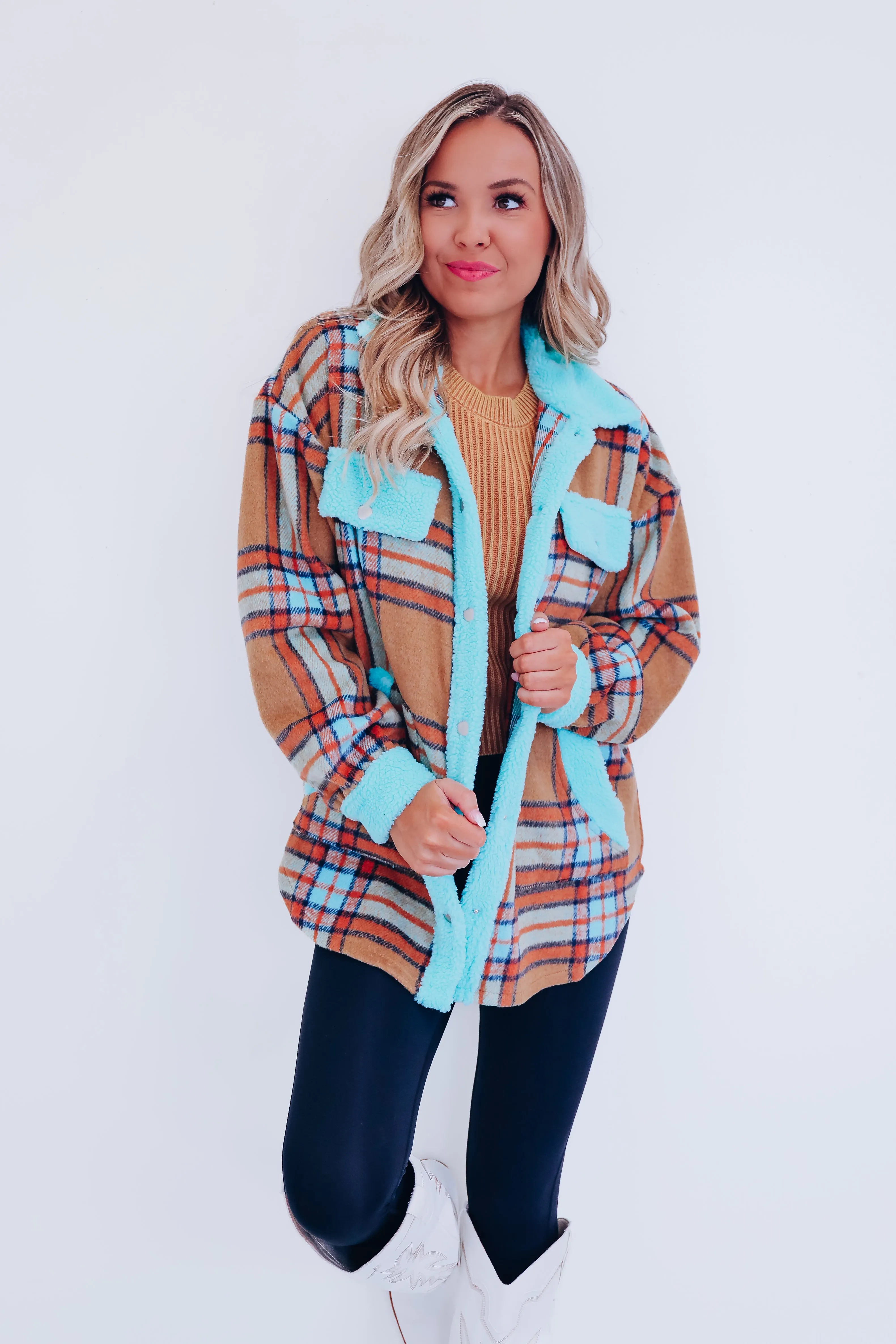 Fargo Contrasting Flannel Shacket - Aqua