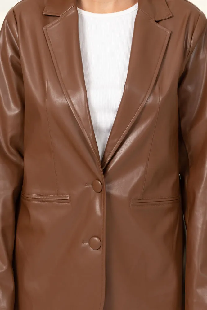 Faux Leather Blazer in D. Brown by Hyfve