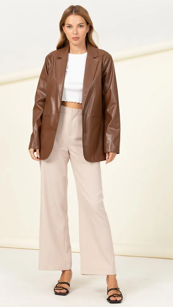 Faux Leather Blazer in D. Brown by Hyfve