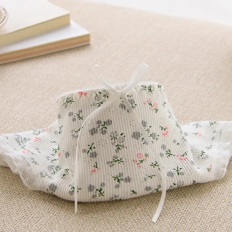 Flower Printed Bowknot Lace Women's Underpants Mid Waist Ruffle Cotton Breathable Soft Panties Student Sweet Girl Cute Briefs